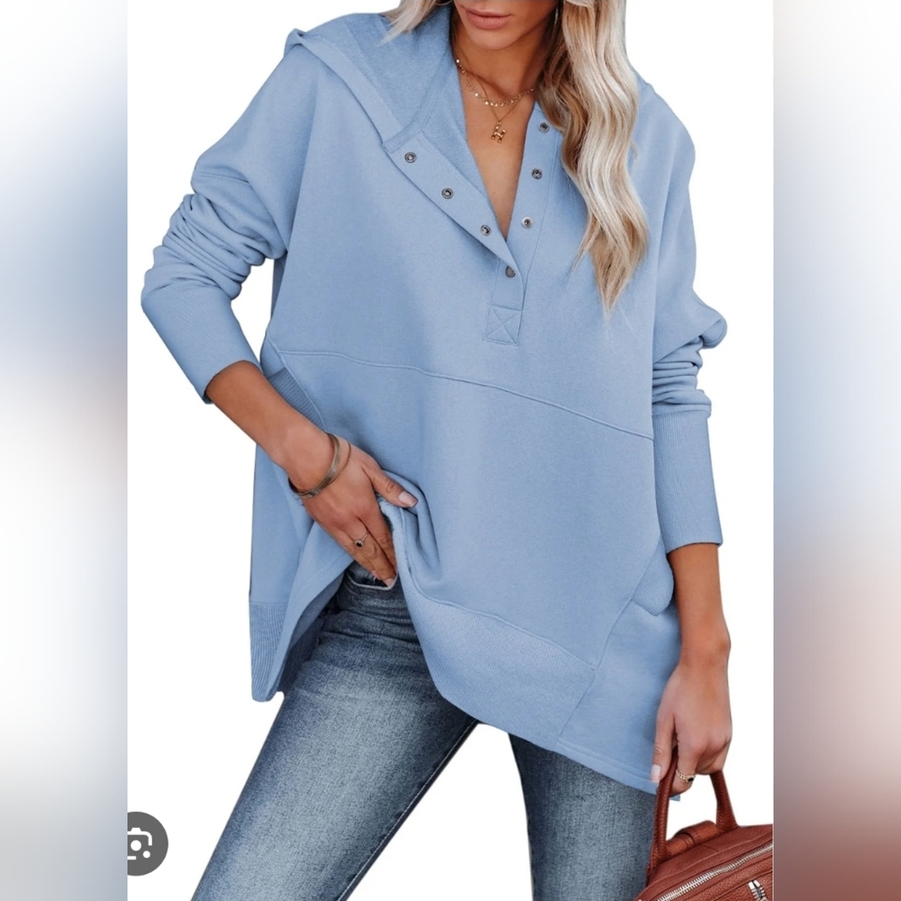 Zenana Blue Snap Button Henley Oversized Hooded Sweatshirt Hoodie S/M NWOT